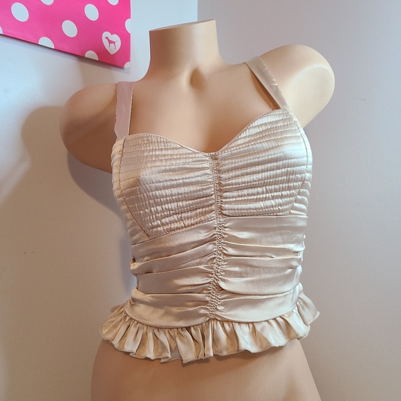BOG Collective Elegant Cream Ruched Satin Ruffle Crop Tank Size Sm - Picture 1 of 6